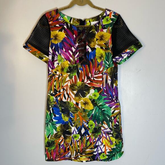 MILLY Multicolor Floral Mesh Detail Exposed Zipper Short Sleeve Dress Size 10 - Picture 1 of 7